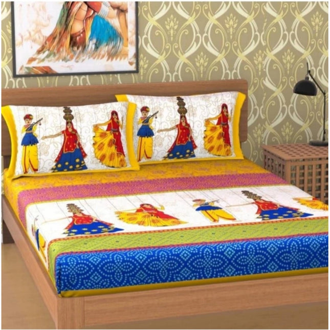 Rosolly Cotton Printed Queen Size Bedsheet With 2 Pillow Covers (Yellow, 90x100 Inch)