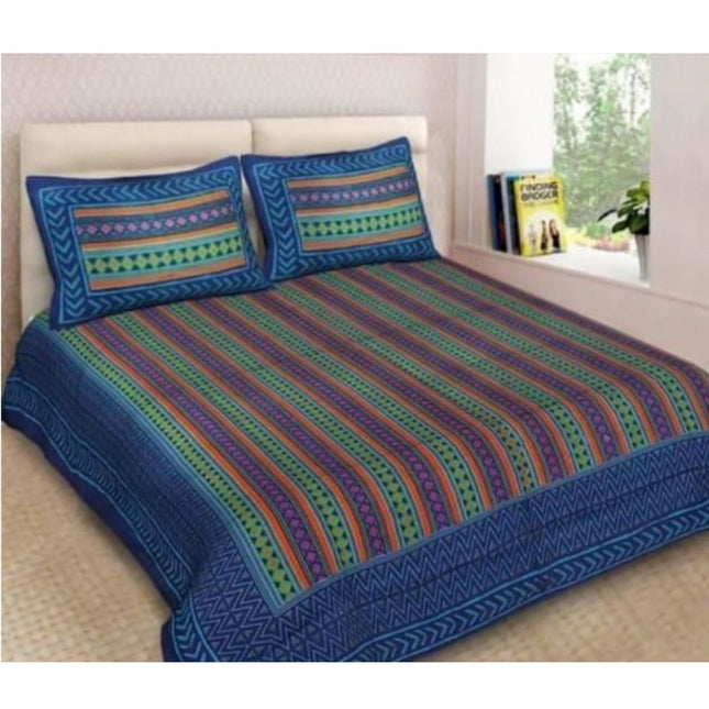 Rosolly Cotton Printed Queen Size Bedsheet With 2 Pillow Covers (Blue, 90x100 Inch)