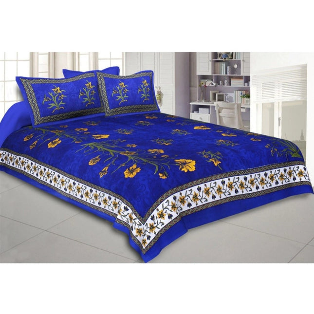 Rosolly Cotton Printed Queen Size Bedsheet With 2 Pillow Covers (Blue, 90x100 Inch)