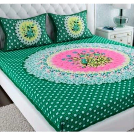 Rosolly Cotton Printed Queen Size Bedsheet With 2 Pillow Covers (Green, 90x100 Inch)