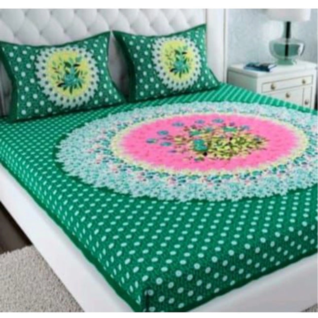 Rosolly Cotton Printed Queen Size Bedsheet With 2 Pillow Covers (Green, 90x100 Inch)