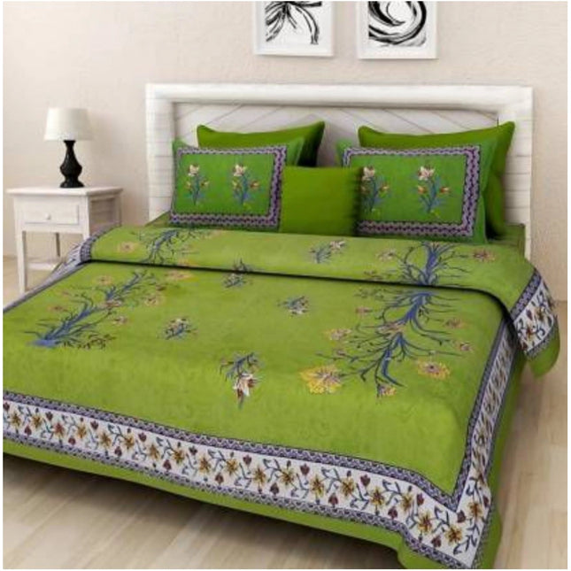 Rosolly Cotton Printed Queen Size Bedsheet With 2 Pillow Covers (Green, 90x100 Inch)