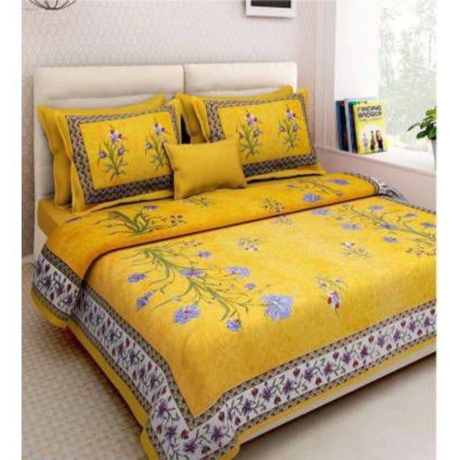 Rosolly Cotton Printed Queen Size Bedsheet With 2 Pillow Covers (Yellow, 90x100 Inch)