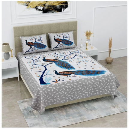Rosolly Cotton Printed Queen Size Bedsheet With 2 Pillow Covers (White, 90x100 Inch)