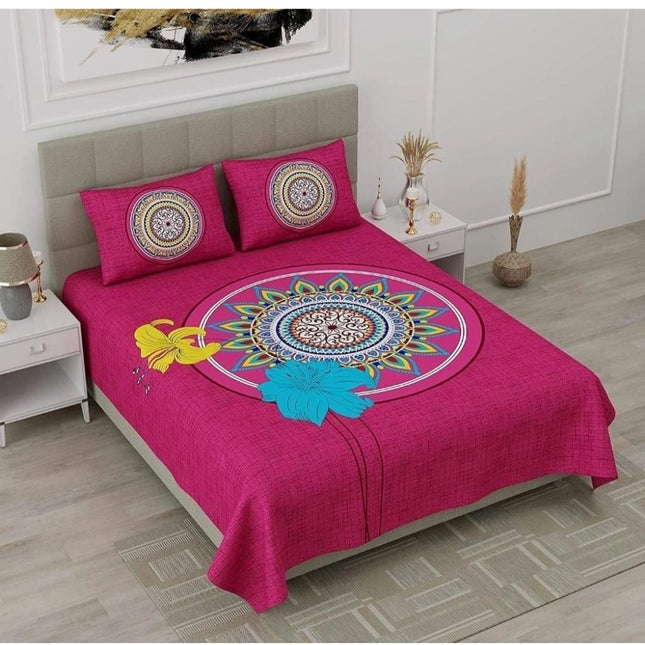 Rosolly Cotton Printed Queen Size Bedsheet With 2 Pillow Covers (Pink, 90x100 Inch)
