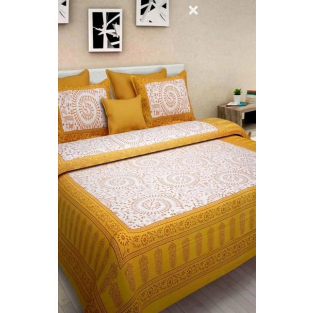 Rosolly Cotton Printed Queen Size Bedsheet With 2 Pillow Covers (Yellow, 90x100 Inch)