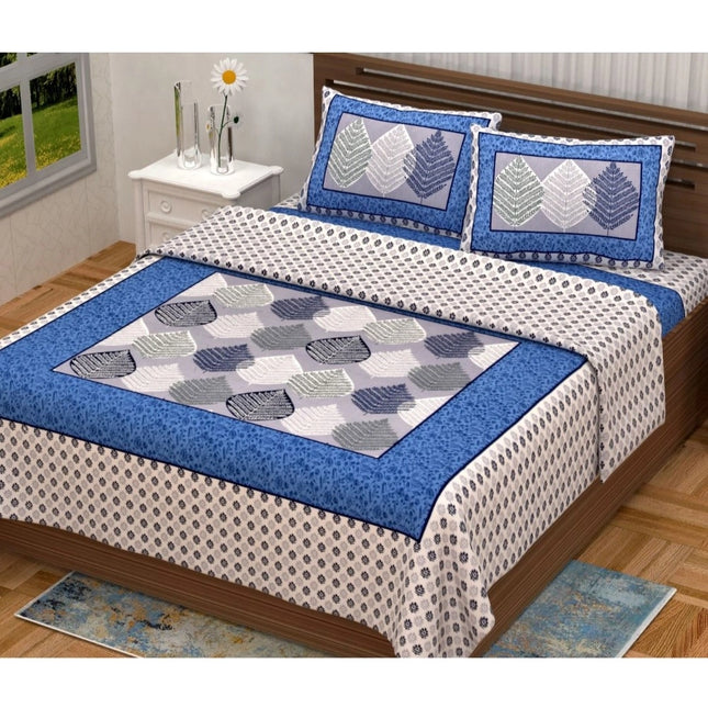 Rosolly Cotton Printed Queen Size Bedsheet With 2 Pillow Covers (Blue, 90x100 Inch)
