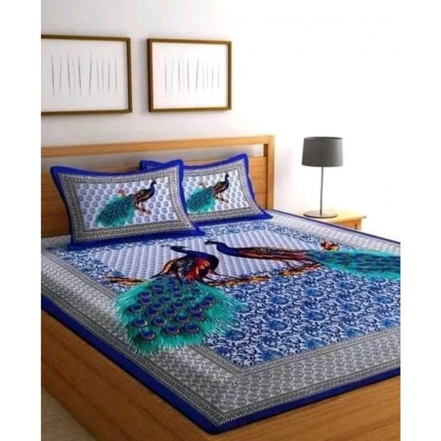 Rosolly Cotton Printed Queen Size Bedsheet With 2 Pillow Covers (Blue, 90x100 Inch)