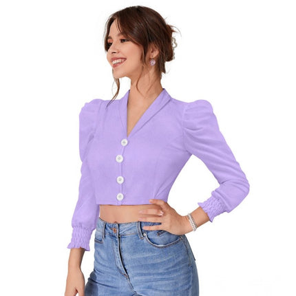 Rosolly Women's Polyester Solid Puff Sleeves Lapel Collar Top (Purple)