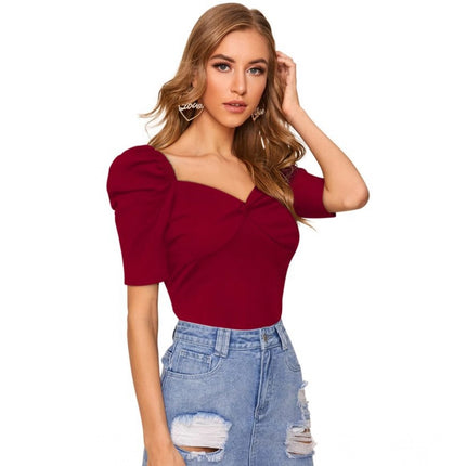 Rosolly Women's Polyester Solid Puff Short Sleeves Sweetheart Neck Top (Maroon)