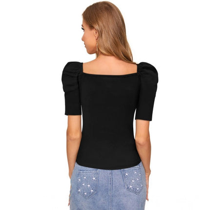 Rosolly Women's Polyester Solid Puff Short Sleeves Sweetheart Neck Top (Black)