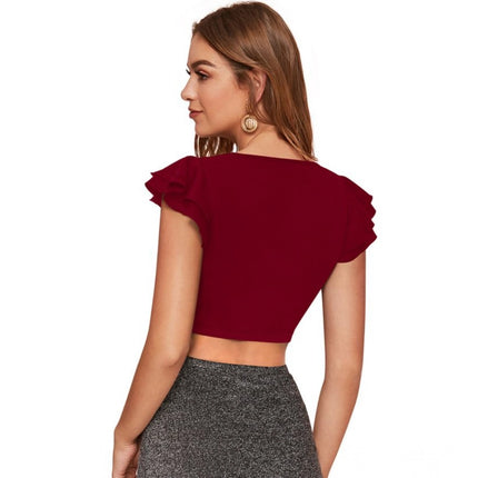 Rosolly Women's Polyester Solid Short Sleeves V Neck Top (Maroon)