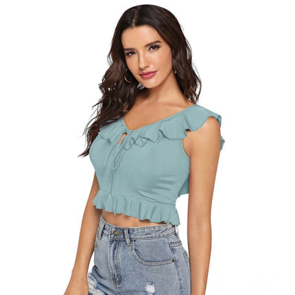 Rosolly Women's Polyester Solid Sleeveless Ruffle Neck Top (Pista)