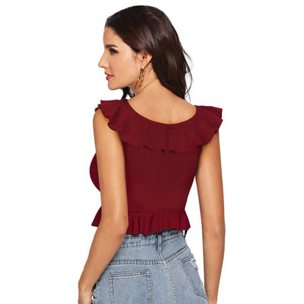Rosolly Women's Polyester Solid Sleeveless Ruffle Neck Top (Maroon)