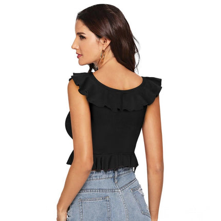Rosolly Women's Polyester Solid Sleeveless Ruffle Neck Top (Black)