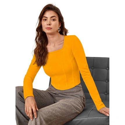 Rosolly Women's Polyester Solid Full Sleeves Square Neck Top (Yellow)