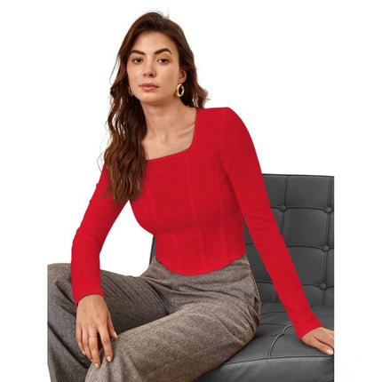 Rosolly Women's Polyester Solid Full Sleeves Square Neck Top (Red)
