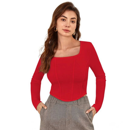 Rosolly Women's Polyester Solid Full Sleeves Square Neck Top (Red)