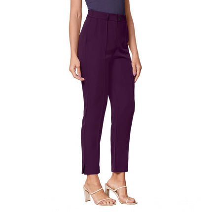 Rosolly Women's Polyester Solid With Pocket Pant (Wine)