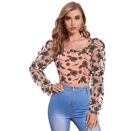 Rosolly Women's Polyester Solid Full Sleeves Square Collar Top (Peach)