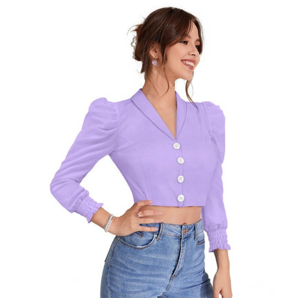 Rosolly Women's Polyester Solid Puff Sleeves Lapel Collar Top (Purple)