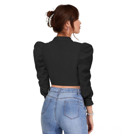 Rosolly Women's Polyester Solid Puff Sleeves Lapel Collar Top (Black)