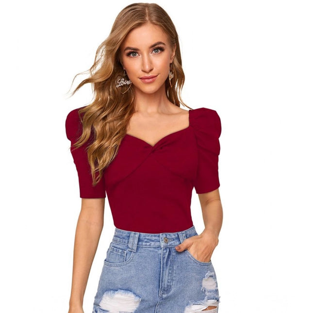 Rosolly Women's Polyester Solid Puff Short Sleeves Sweetheart Neck Top (Maroon)
