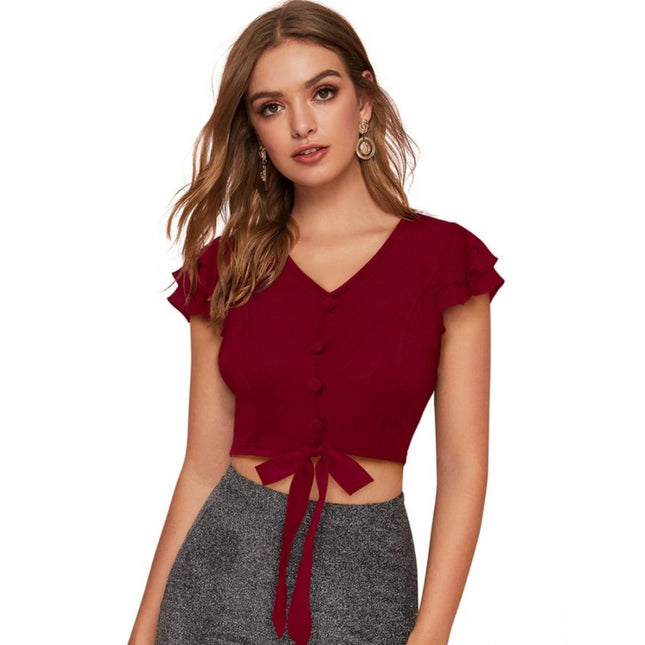 Rosolly Women's Polyester Solid Short Sleeves V Neck Top (Maroon)