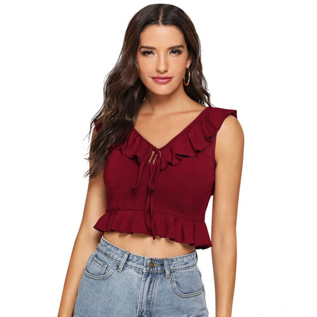 Rosolly Women's Polyester Solid Sleeveless Ruffle Neck Top (Maroon)