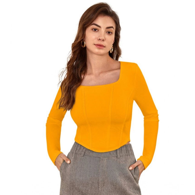 Rosolly Women's Polyester Solid Full Sleeves Square Neck Top (Yellow)