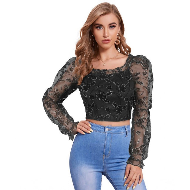Rosolly Women's Polyester Solid Full Sleeves Square Collar Top (Black)