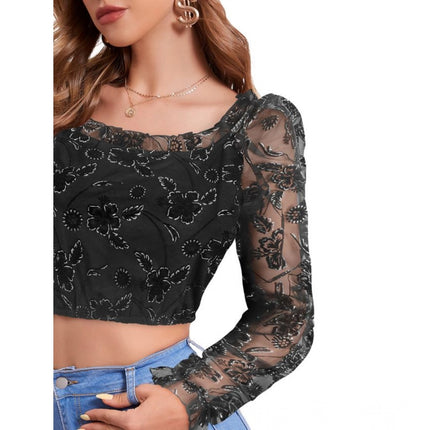 Rosolly Women's Polyester Solid Full Sleeves Square Collar Top (Black)