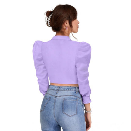 Rosolly Women's Polyester Solid Puff Sleeves Lapel Collar Top (Purple)