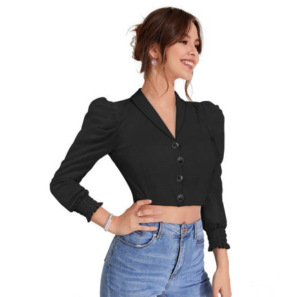 Rosolly Women's Polyester Solid Puff Sleeves Lapel Collar Top (Black)