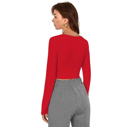 Rosolly Women's Polyester Solid Full Sleeves Square Neck Top (Red)