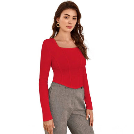 Rosolly Women's Polyester Solid Full Sleeves Square Neck Top (Red)