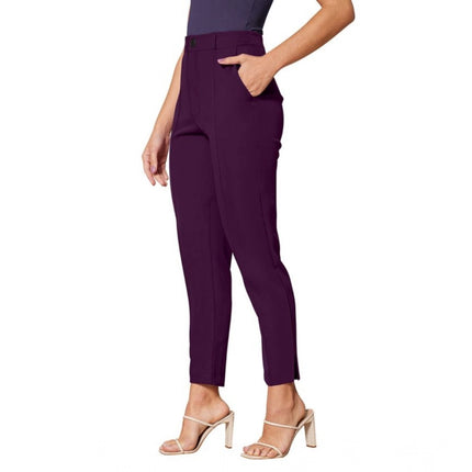 Rosolly Women's Polyester Solid With Pocket Pant (Wine)