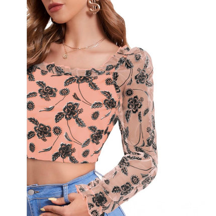 Rosolly Women's Polyester Solid Full Sleeves Square Collar Top (Peach)