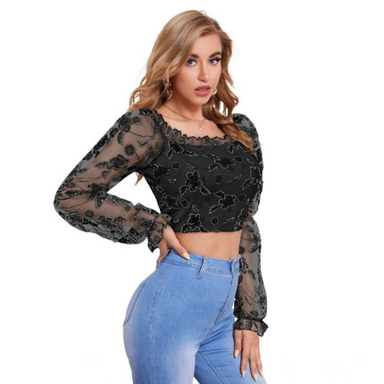 Rosolly Women's Polyester Solid Full Sleeves Square Collar Top (Black)