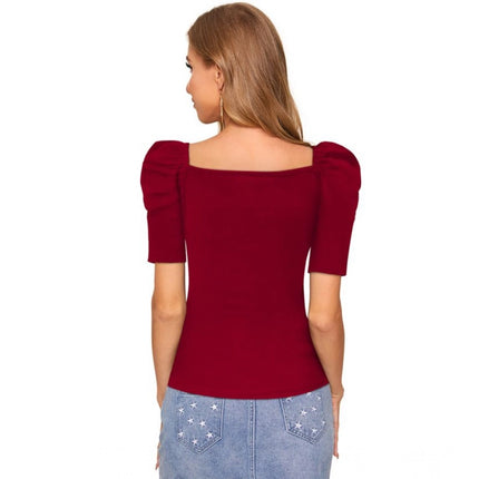 Rosolly Women's Polyester Solid Puff Short Sleeves Sweetheart Neck Top (Maroon)