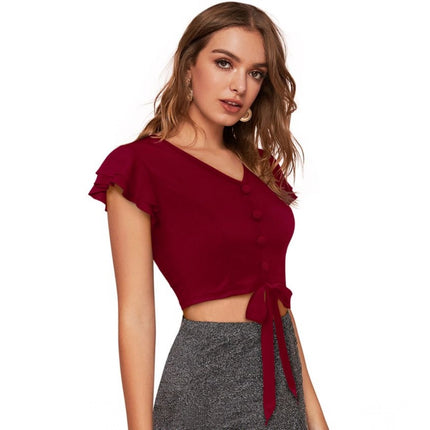 Rosolly Women's Polyester Solid Short Sleeves V Neck Top (Maroon)