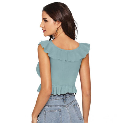 Rosolly Women's Polyester Solid Sleeveless Ruffle Neck Top (Pista)