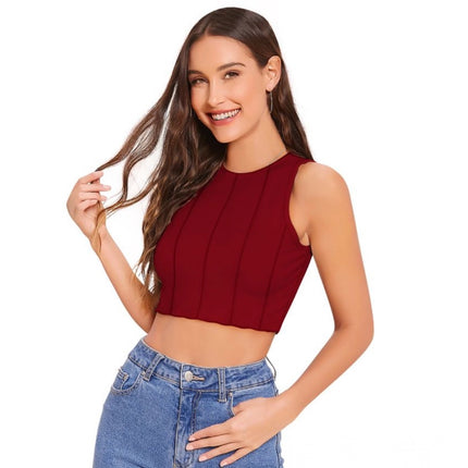 Rosolly Women's Polyester Solid Sleeveless Round Neck Top (Maroon)