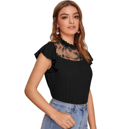 Rosolly Women's Polyester Solid Cap Sleeve Sweetheart Neck Top (Black)