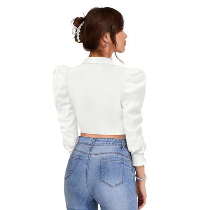 Rosolly Women's Polyester Solid Puff Sleeves Lapel Collar Top (White)