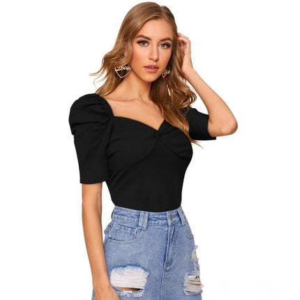 Rosolly Women's Polyester Solid Puff Short Sleeves Sweetheart Neck Top (Black)