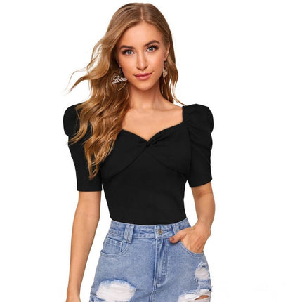 Rosolly Women's Polyester Solid Puff Short Sleeves Sweetheart Neck Top (Black)