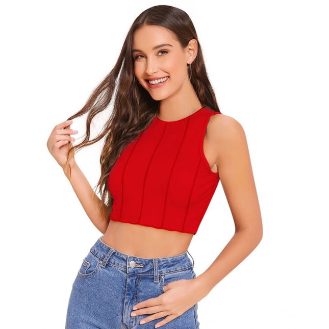 Rosolly Women's Polyester Solid Sleeveless Round Neck Top (Red)