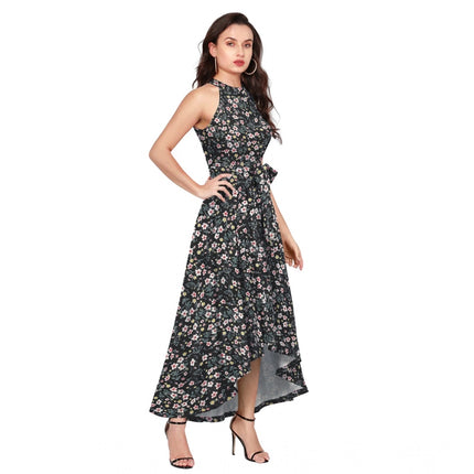Rosolly Women's Polyester Printed Halter Neck Sleeveless Dress (Black)