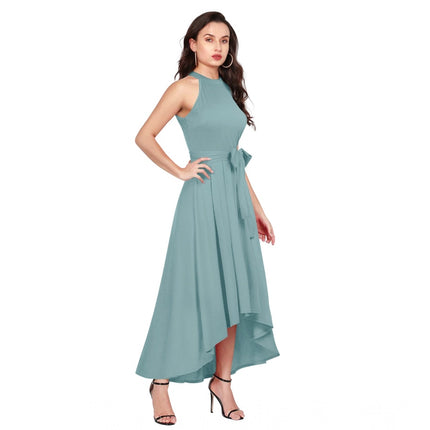 Rosolly Women's Polyester Solid Halter Neck Sleeveless Dress (Pista)